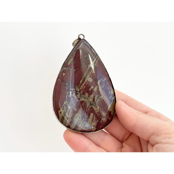 Kaleidescope Burgundy Jasper Teardrop Shaped Sterling Silver Vintage Pendant - Picture 11 of 11